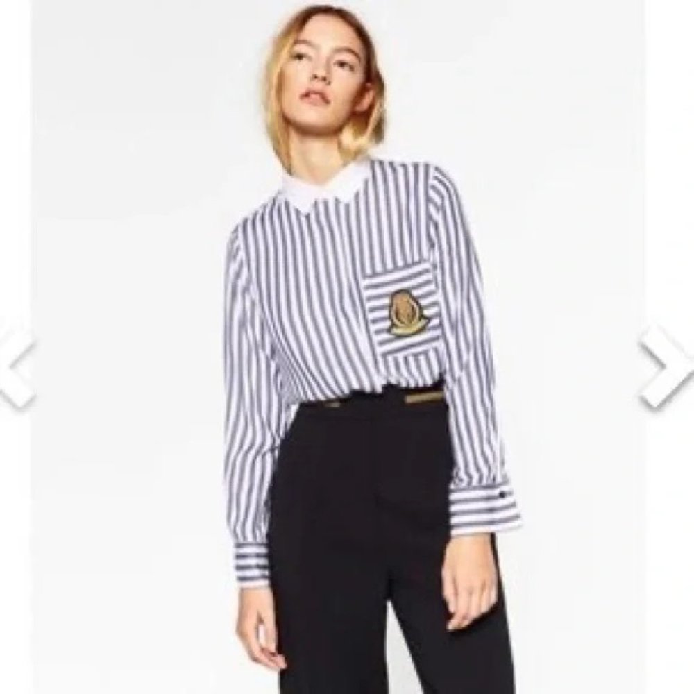 Zara Striped Collared Patch Button Front Knit Top… - image 1